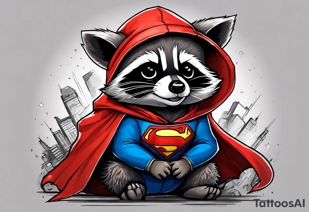 raccoon wearing a Superman hoodie tattoo idea