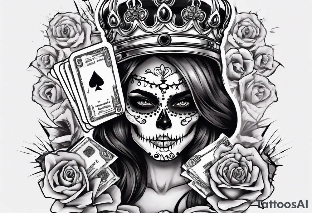santa la muerta with money and crown
on the card tattoo idea