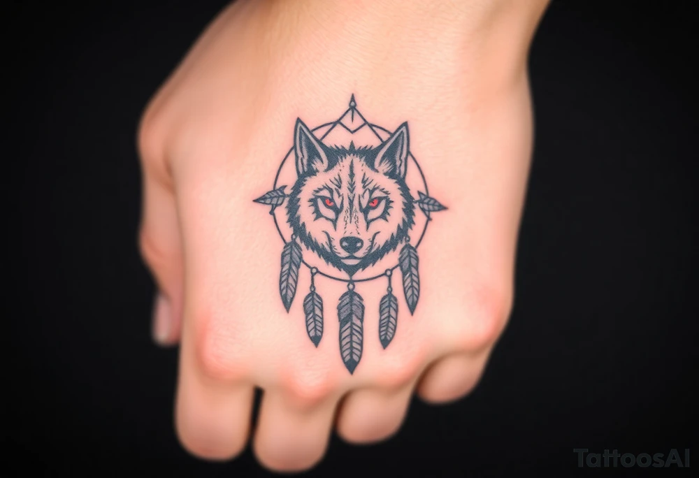 A symmetrical tribal wolf head inside a dreamcatcher, with feather patterns forming geometric shapes around it. The design is rendered in black ink with accents of red for the eyes and white in the feathers tattoo idea