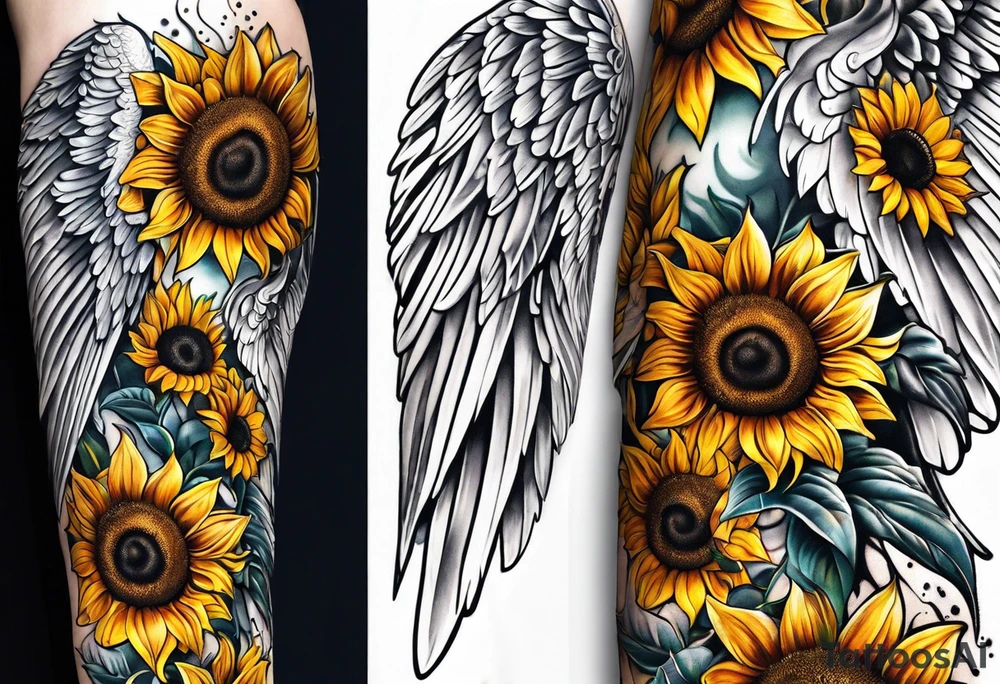 Sunflowers and angel wings leg sleeve tattoo idea