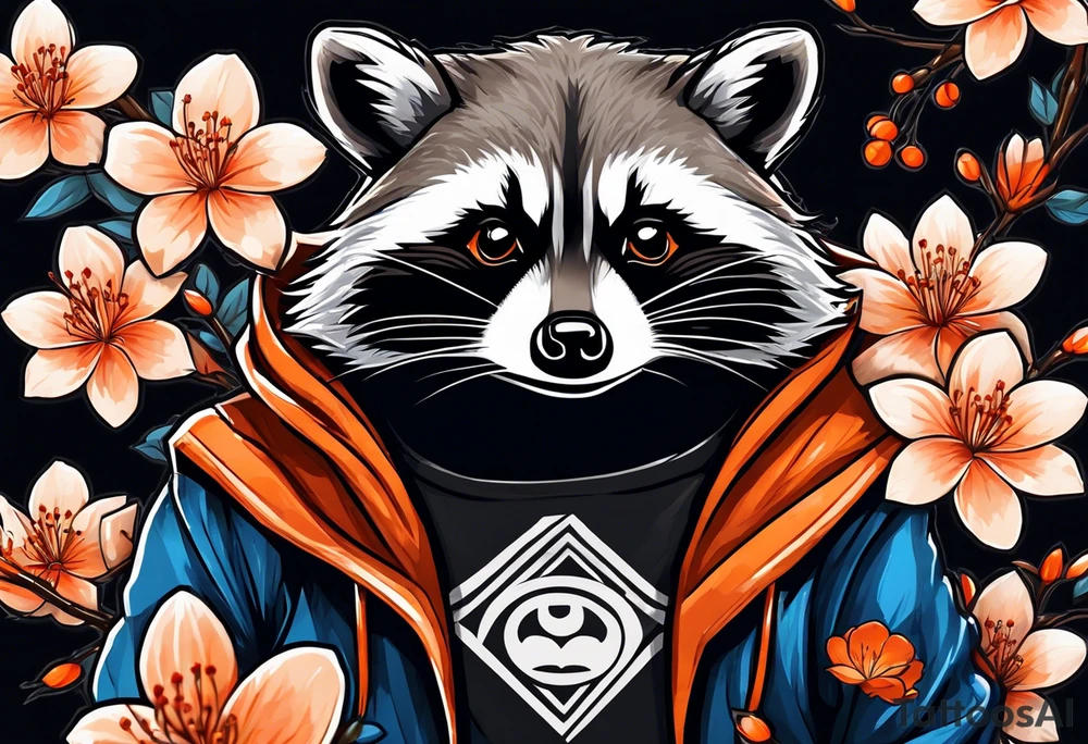 Raccoon wearing a white Superman logo on a black hoodie and orange Japanese cherry blossoms tattoo idea