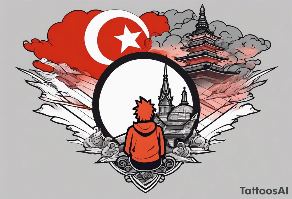 I want a sleeve with Naruto red clouds throughout the design , Naruto / sauske, Atl skyline ,
Jamaica coat of arms or flag , football and captain C , Duke chapel tattoo idea