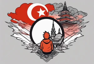 I want a sleeve with Naruto red clouds throughout the design , Naruto / sauske, Atl skyline ,
Jamaica coat of arms or flag , football and captain C , Duke chapel tattoo idea