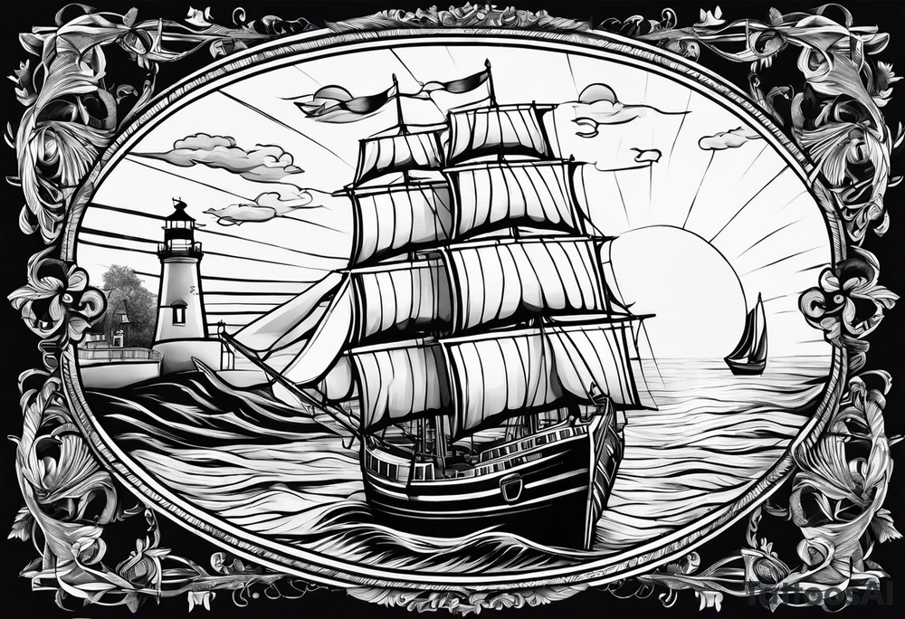 phare maritime dans un bateau a voiles. tattoo idea