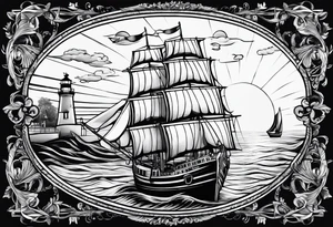phare maritime dans un bateau a voiles. tattoo idea