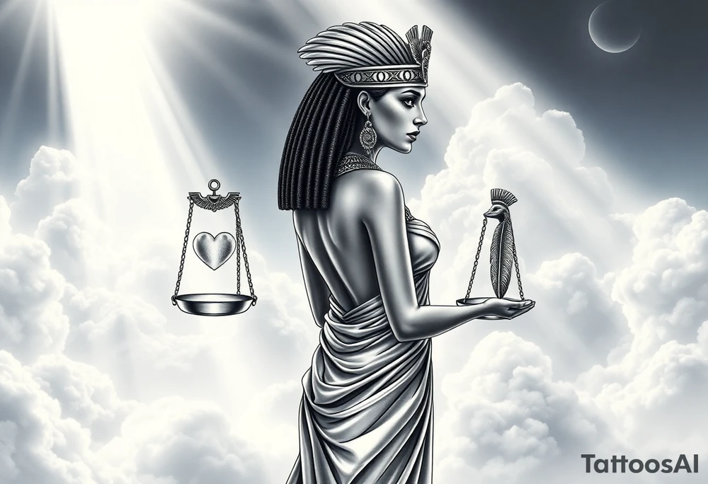 beautiful Egyptian goddess stands with her back slightly turned, accentuating her figure. Wearing a silk gown. She wears an elaborate ostrich feather headdress and ornate, intricate ancient Egyptian jewelry draped across her body. Her expression is mysterious and confident. In one hand, she holds the Scales of Justice: one side holds a radiant, glowing heart; the other, Ma’at’s feather. The scales themselves shimmer with an otherworldly light.
The background is a surreal, heavenly landscape filled with luminous clouds and beams of divine light piercing through, creating dramatic contrasts of deep shadows and highlights. The entire scene is bathed in an ethereal, mystical glow, with a dreamlike, almost supernatural atmosphere. tattoo idea