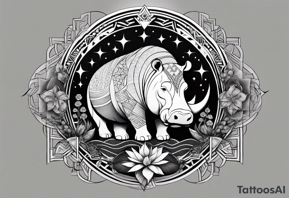 Very asymmetrical, +geometric pattern, with realistic full moon, with hippo at side look, +tribal, +geometric, +inkart , +blackwork, +grey scale, + sketch
with wintersweet flower bud, +inkart touch, tattoo idea