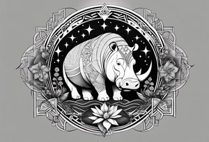 Very asymmetrical, +geometric pattern, with realistic full moon, with hippo at side look, +tribal, +geometric, +inkart , +blackwork, +grey scale, + sketch
with wintersweet flower bud, +inkart touch, tattoo idea