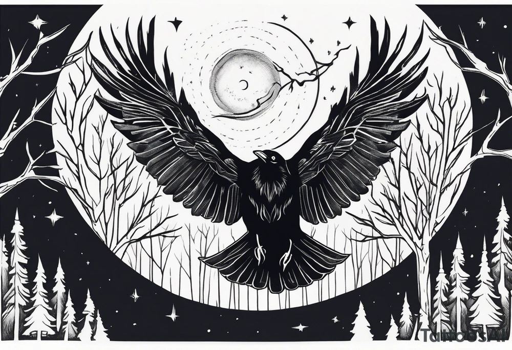 Raven diving, occult, mystical, knowing, light behind its eyes, ethereal, night sky and trees in the background tattoo idea