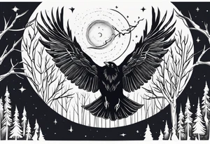Raven diving, occult, mystical, knowing, light behind its eyes, ethereal, night sky and trees in the background tattoo idea