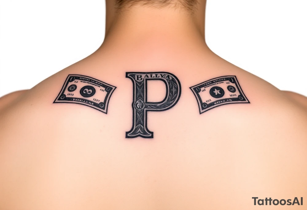 Small Letter P with a dollar bill coming out from the sides. tattoo idea