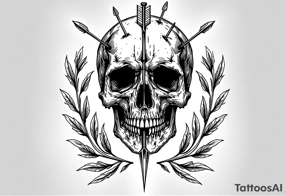 a skull whose head  be pierced by needles and under the head come out an  arrow and surrounded  by two olive tree leaf around tattoo idea