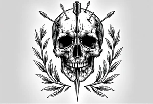 a skull whose head  be pierced by needles and under the head come out an  arrow and surrounded  by two olive tree leaf around tattoo idea