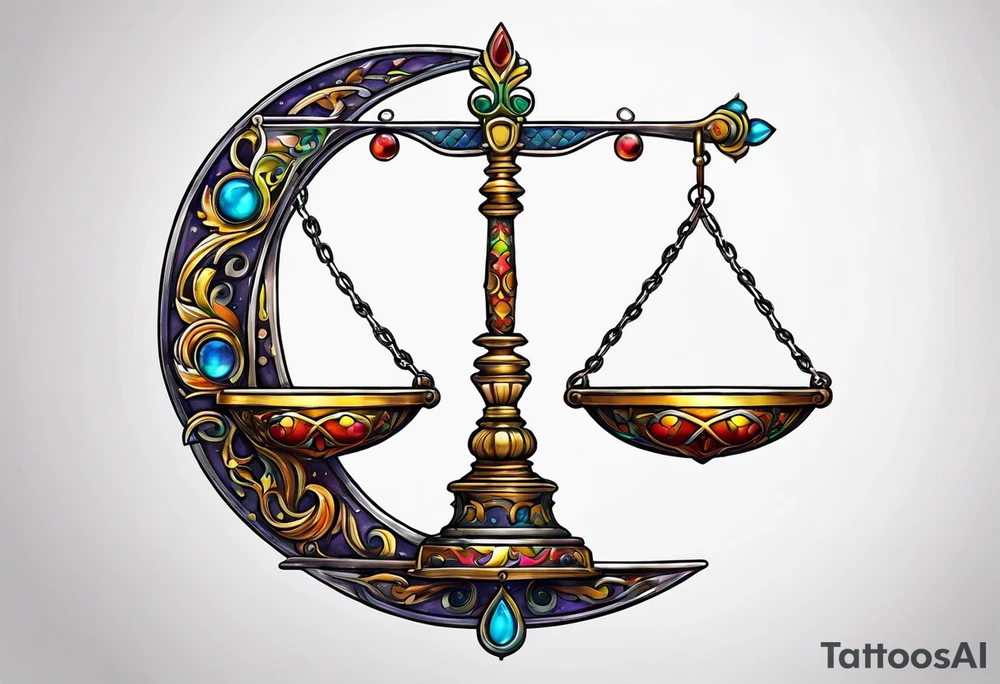 Vibrant Libra scales hanging from a half moon tattoo idea