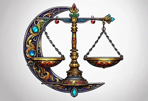 Vibrant Libra scales hanging from a half moon tattoo idea