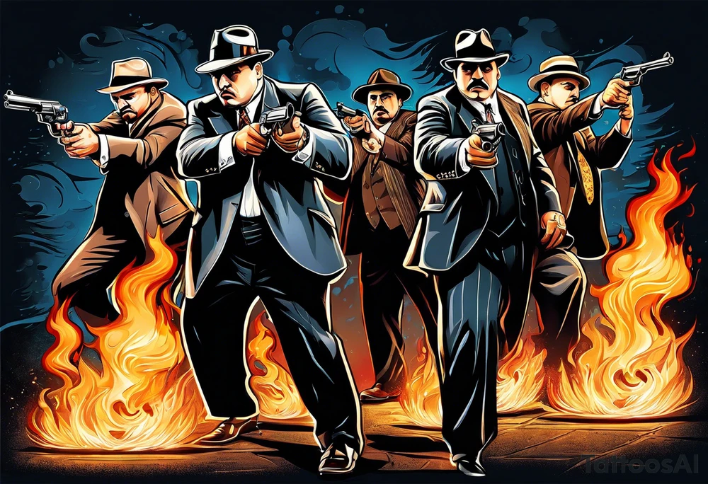 capone style gangsters having a shootout against a dark background scene with flames blues tattoo idea