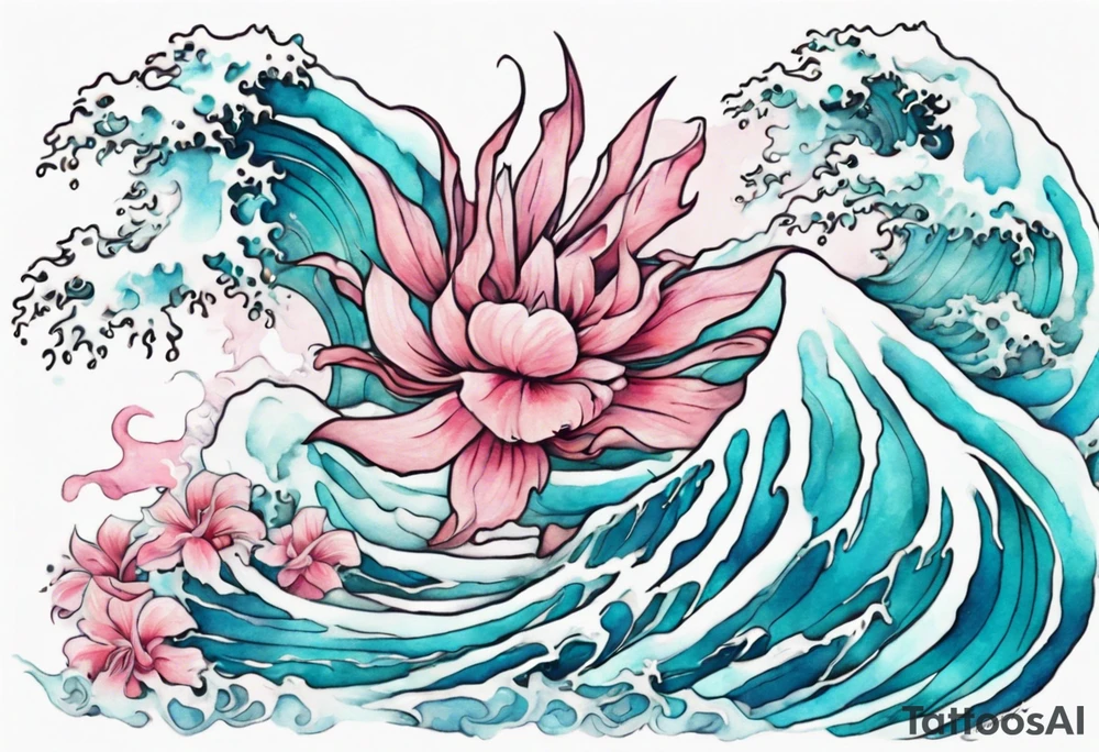 a pretty turquoise pink and white Zubeia rising from the blue waves of the ocean tattoo idea