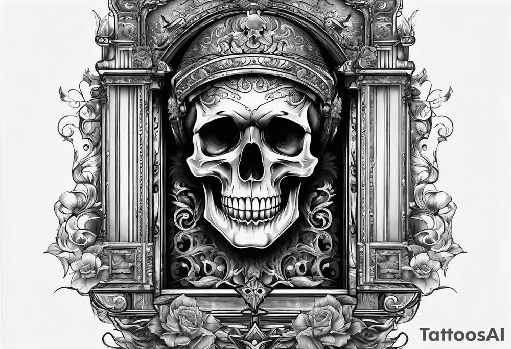skull behind doors tattoo idea