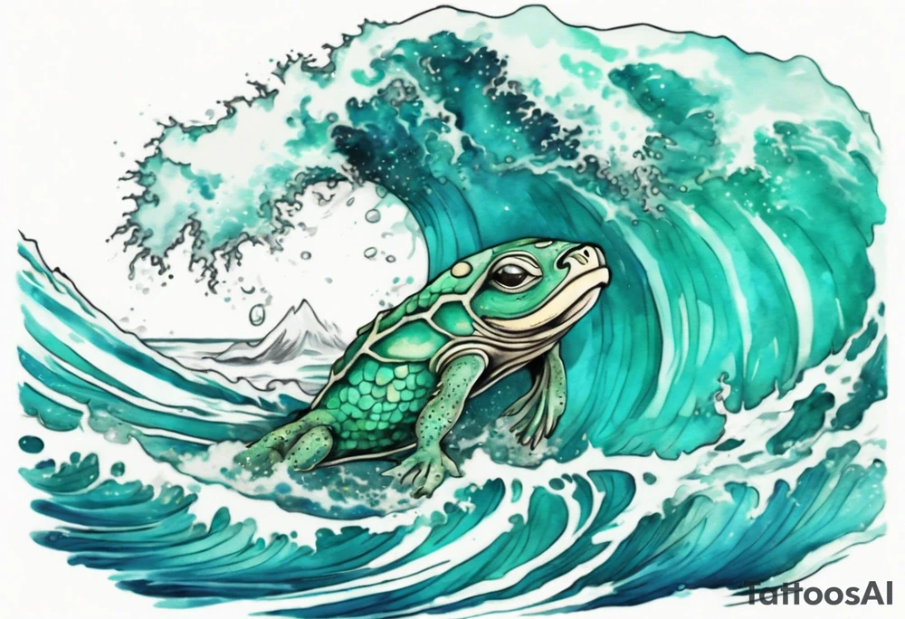 a beautiful turquoise kappa emerging from an ocean wave, crashing onto the shore tattoo idea
