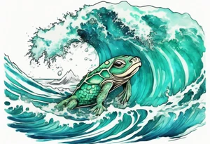 a beautiful turquoise kappa emerging from an ocean wave, crashing onto the shore tattoo idea