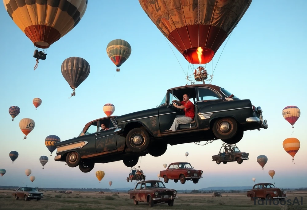 in a very steam punk vibe i want you to make a picture of a bunch of old beat up cars with people lounging in them and garbage and junk all up in and on them, tied to hot air balloons floating in the sky right about dusk and they are as far as the eye can see i want the cars to be floating as if they were the basket to the hot air balloons and the hot air balloons are all different colors and patterns and some are old and patched and i dont want to see the ground at all  i want this to be a scene that is up in the sky with them all floating under the balloons like it is in a dream and every single balloon in the picture is attached to a different old car, and some of the cars you can see people kicked back with thier feet out the window and stuff on the dash of the car, and some with people hanging an arm out hte window some have cigarrette smoke coming out the window, and the balloons all are different but every single car is floating high in the sky and i dont want there to be too many balloons and cars, just a few close together, and the rest ll are smaller and off in the distance 

and it should look like i too am in a car attached to a hot air balloon floating along as well tattoo idea