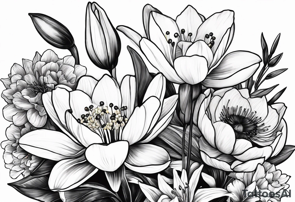 A bouquet of flowers with a water lily, gladiolus, poppy, lily of the valley, daffodil, and a honey suckle. tattoo idea