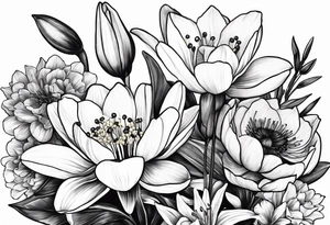A bouquet of flowers with a water lily, gladiolus, poppy, lily of the valley, daffodil, and a honey suckle. tattoo idea