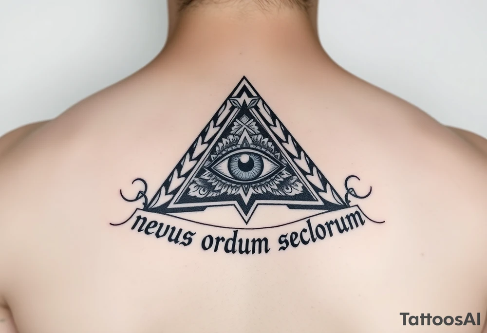 Pyramid with eye in the center, surrounded by words - novus ordum seclorum tattoo idea