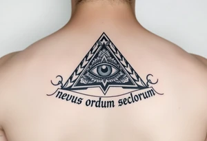 Pyramid with eye in the center, surrounded by words - novus ordum seclorum tattoo idea