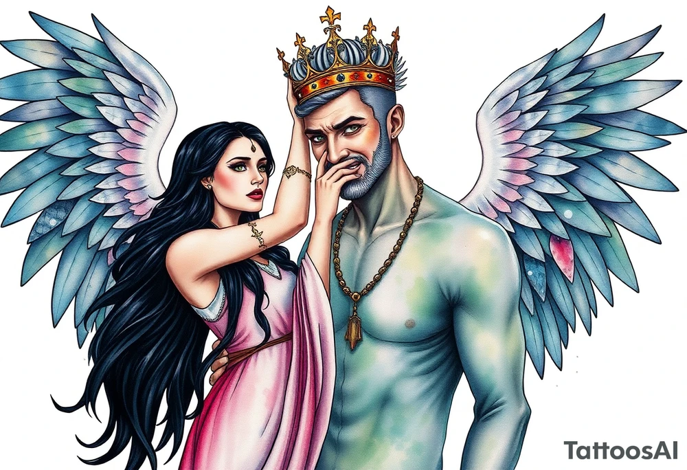 A Scorpio gypsy woman with wings like an angel and long black hair and green eyes placing a kings crown on a tall man with grey short spiked hair and blue eyes. She is wearing a long flowing dress tattoo idea