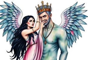 A Scorpio gypsy woman with wings like an angel and long black hair and green eyes placing a kings crown on a tall man with grey short spiked hair and blue eyes. She is wearing a long flowing dress tattoo idea