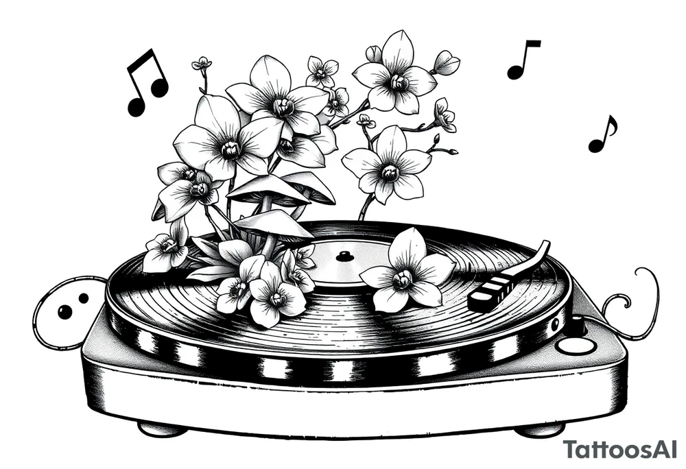 vinyl record player with mushrooms, orchids, and music notes around it tattoo idea