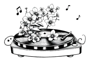 vinyl record player with mushrooms, orchids, and music notes around it tattoo idea