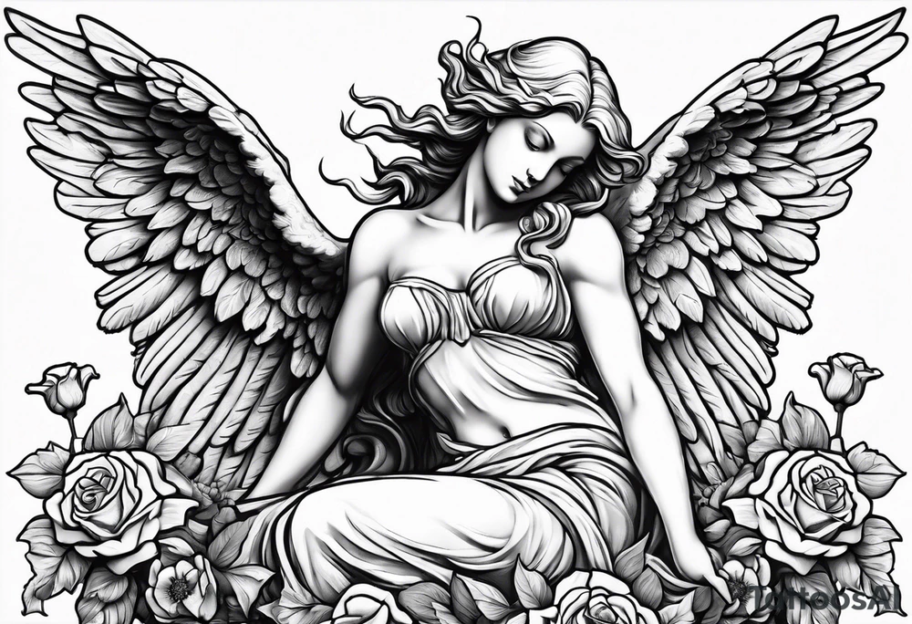 Angel statue stood on a rock with daffodils and roses wrapped around its legs tattoo idea