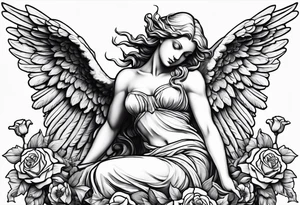 Angel statue stood on a rock with daffodils and roses wrapped around its legs tattoo idea