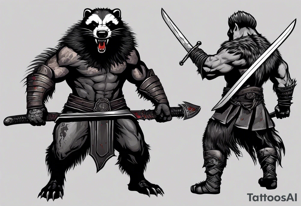 Draw me psychopath Honey Badger/Berserker with aggressive full body, killer face with a scary smile, very long nails and he attacks like a Bloody Assassin/Warrior/Gladiator to us and also, he has very deadly looking. He fights with his nails. Everybody scares after their first sight. Give me horror type Badger Tattoo. I want to see his Realistic full body with no weapons. You can show destruction. tattoo idea