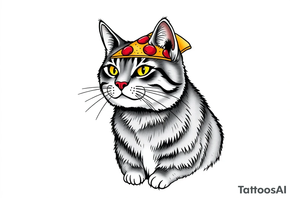 fat grey tabby cat portrait with chessy pizza slice on its head tattoo idea