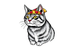 fat grey tabby cat portrait with chessy pizza slice on its head tattoo idea