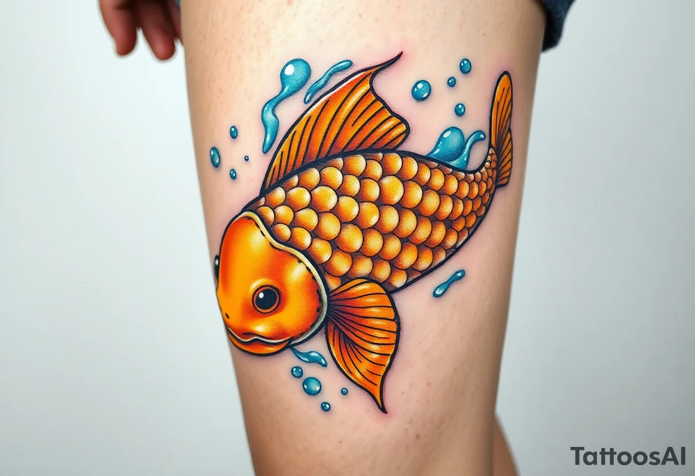 A highly detailed golden carp with shimmering scales, swimming through crystal-clear water with light reflections tattoo idea