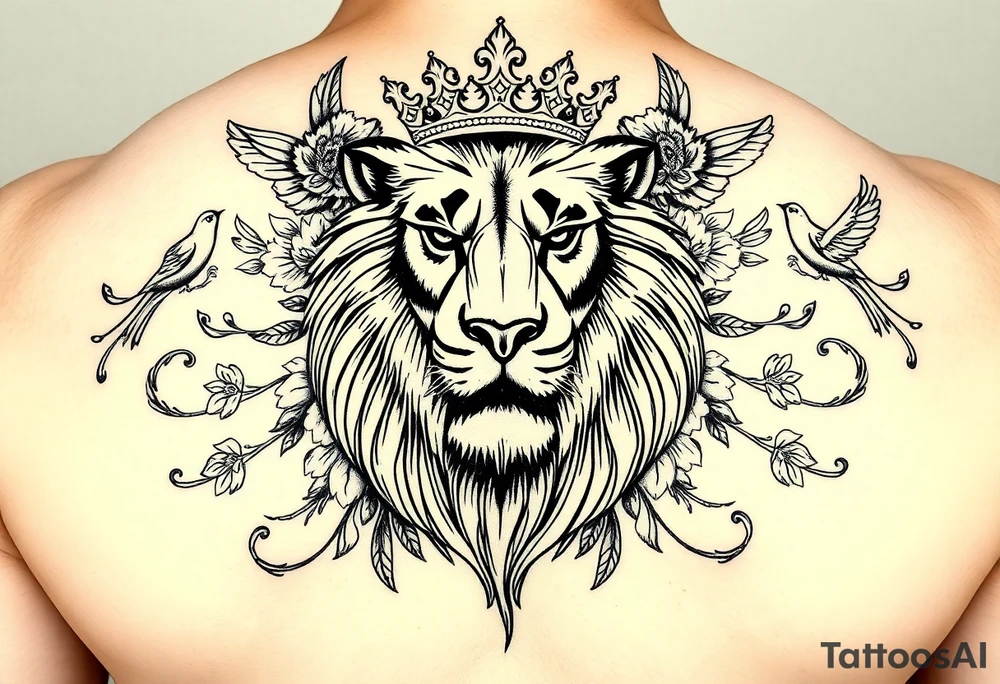 powerful majestic lion with a crown, surrounded by floral ornaments and birds tattoo idea
