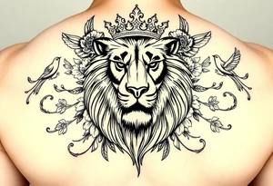 powerful majestic lion with a crown, surrounded by floral ornaments and birds tattoo idea