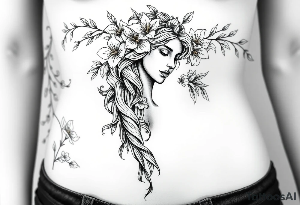 greek goddess and greek themed background with vines and lily’s and other flowers tattoo idea