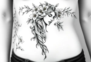 greek goddess and greek themed background with vines and lily’s and other flowers tattoo idea