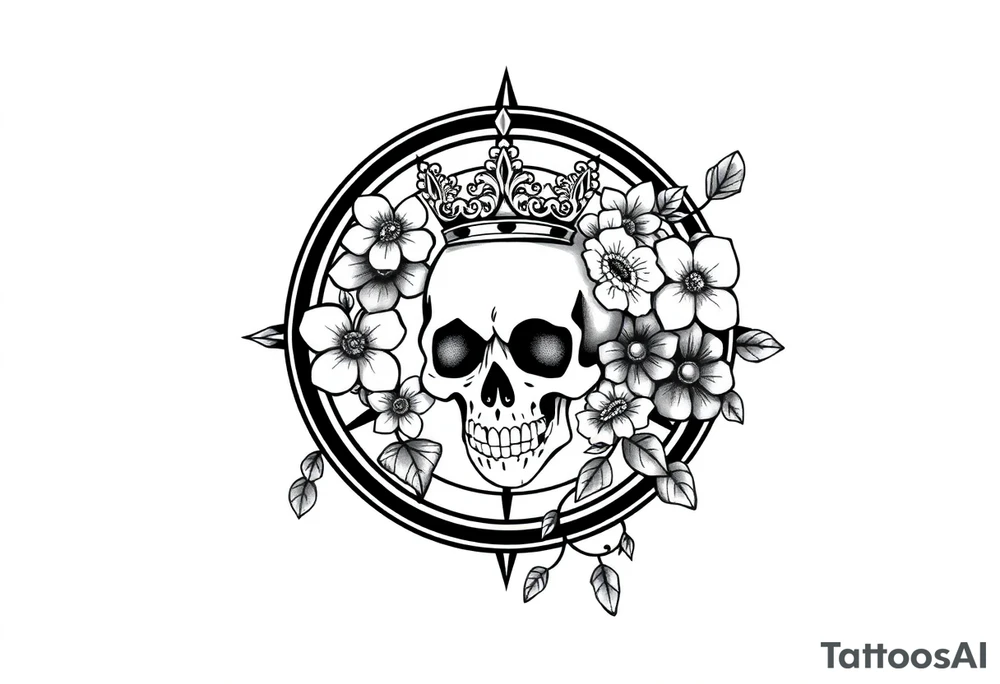 Compass with detailed beautiful gothic boho flowers on vine and skull with gorgeous crown tattoo idea