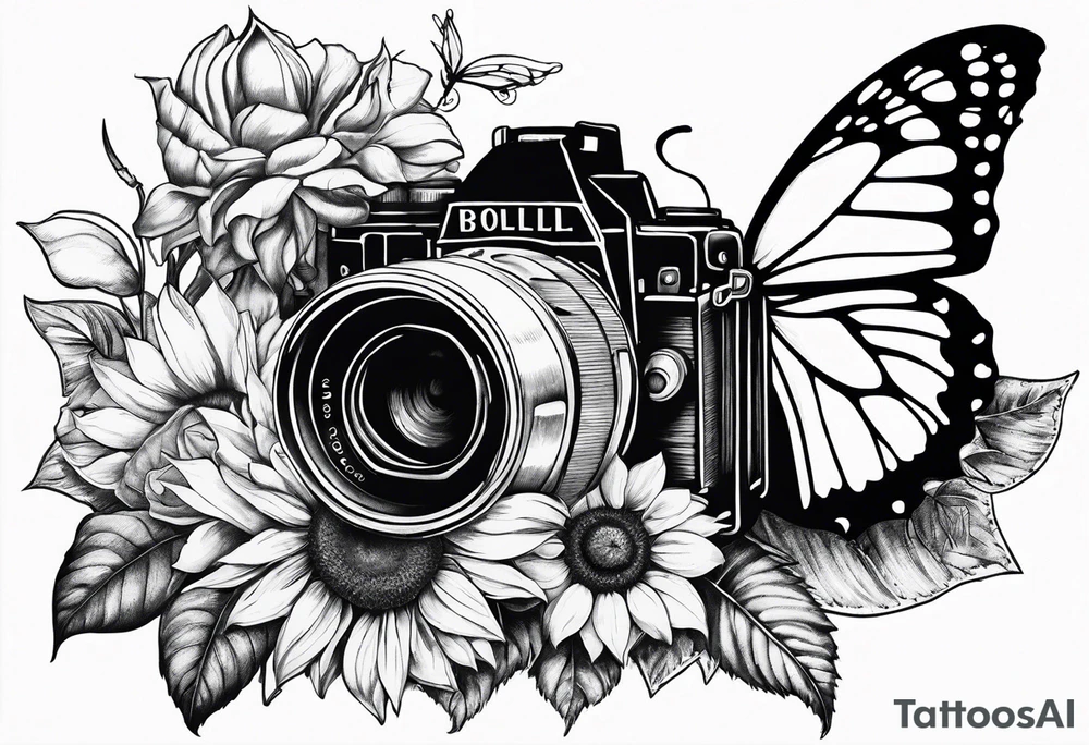 Butterfly, sunflower, camera, book, flower rose tattoo idea Butterfly, sunflower, camera, book, flower rose tattoo idea