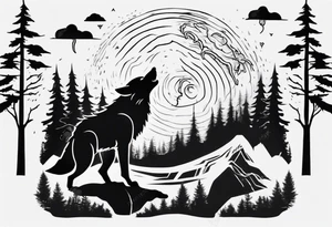 thunderstorm over a forest and a wolf howling tattoo idea