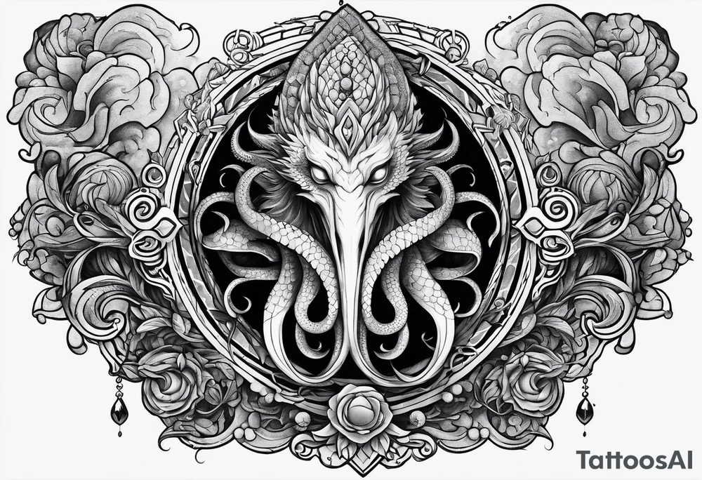 Vertical full sleeve. Lovecraftian creature, protecting a token of love. tattoo idea
