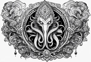 Vertical full sleeve. Lovecraftian creature, protecting a token of love. tattoo idea