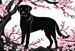 Silouette of a black lab sitting under a cherry blossom tree. Wrist size tattoo idea