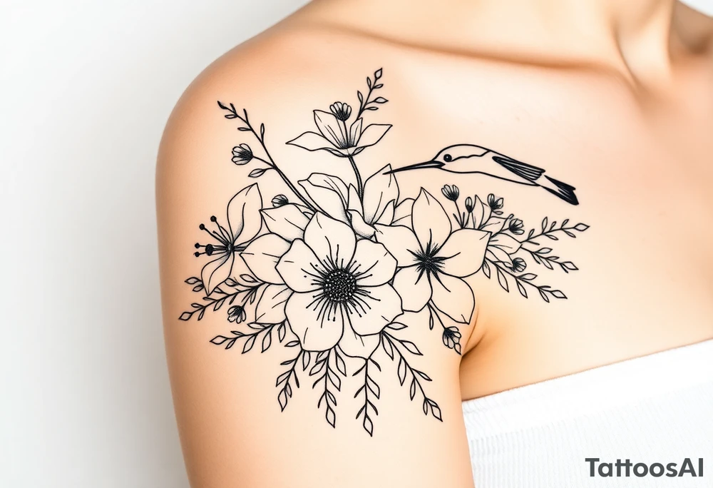 Can you create an image of a tattoo that will go on my upper arm including the following floral arrangement done very light handed and with soft lines- 1 large violet, 1 large carnation, 1 large lily of the valley, 1 large narcicuss, 1 medium carnation, 1 medium violet, 1 small dafodil, 2 small water lillies, and 1 small chrysanthemum. Add a small hummingbird drinking out of the large narcicuss. I want it on my upper right arm on the outside but slightly wrapping around the outer arm. I would like some greenery to fill in spaces as well. Make it large enough to fill my upper arm. I want the flowers to have dramatic and realistic shading. Make the tattoo more vertical than horizontal and put it on a female's arm with medium tan skin. tattoo idea